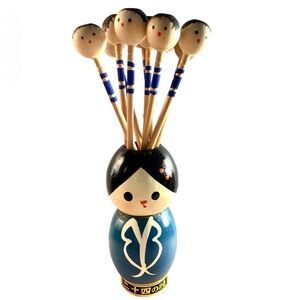 Vintage 1950’s Japan Kokeshi Doll Wooden Toothpick Cocktail Pick Holder W/Picks